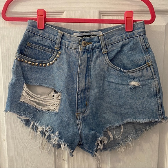 anchor blue Pants - Vintage Anchor Blue Denim Jean Shorts with custom studs
